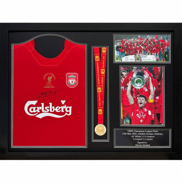 Liverpool FC 2005 Gerrard Signed Shirt & Medal (Framed) Liverpool FC 2005 Gerrard Signed Shirt & Medal (Framed)
