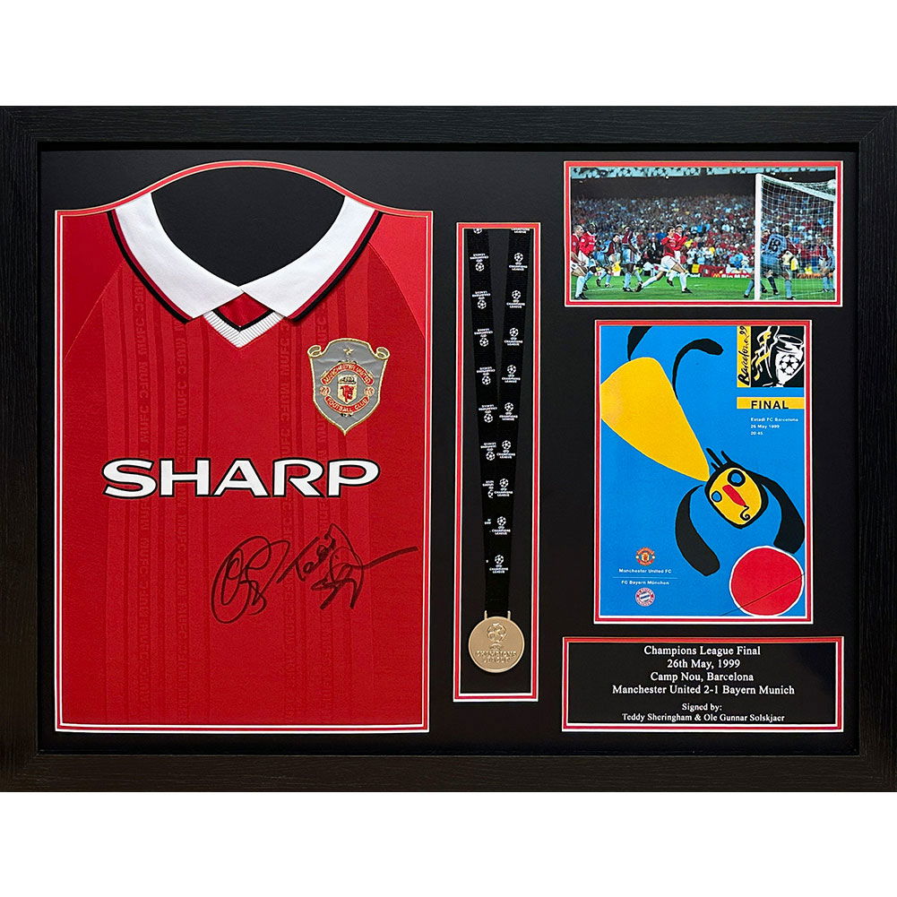 Manchester United FC 1999 Solskjaer & Sheringham Signed Shirt & Medal (Framed) Manchester United FC 1999 Solskjaer & Sheringham Signed Shirt & Medal (Framed)