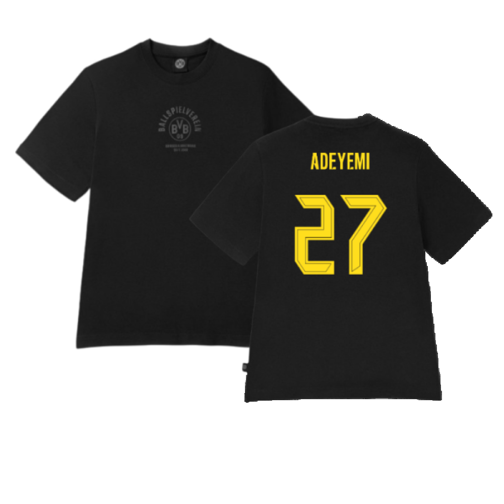 2024-2025 Borussia Dortmund ESS Tee (Black) (Adeyemi 27) 2024-2025 Borussia Dortmund ESS Tee (Black) (Adeyemi 27)