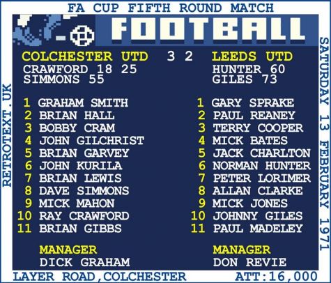 1971 Colchester Utd v Leeds (Colchester) Retrotext T-Shirt 25.00